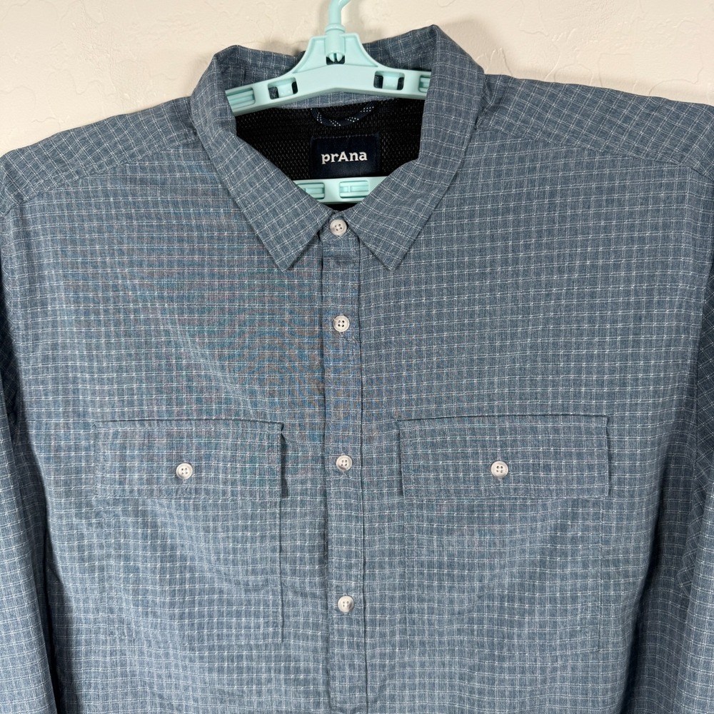 Prana Shirt Mens XL‎ Blue Button Up Outdoor Fishing Hiking Vented Plaid Pockets